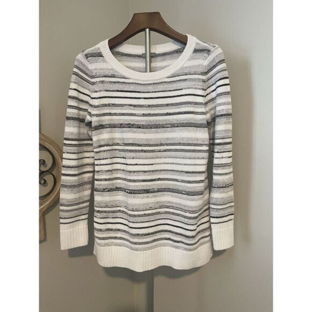 T By Talbots Sweater Womens‎ Small Gray Knit Cotton Stripe Pullover Rib Cuffs